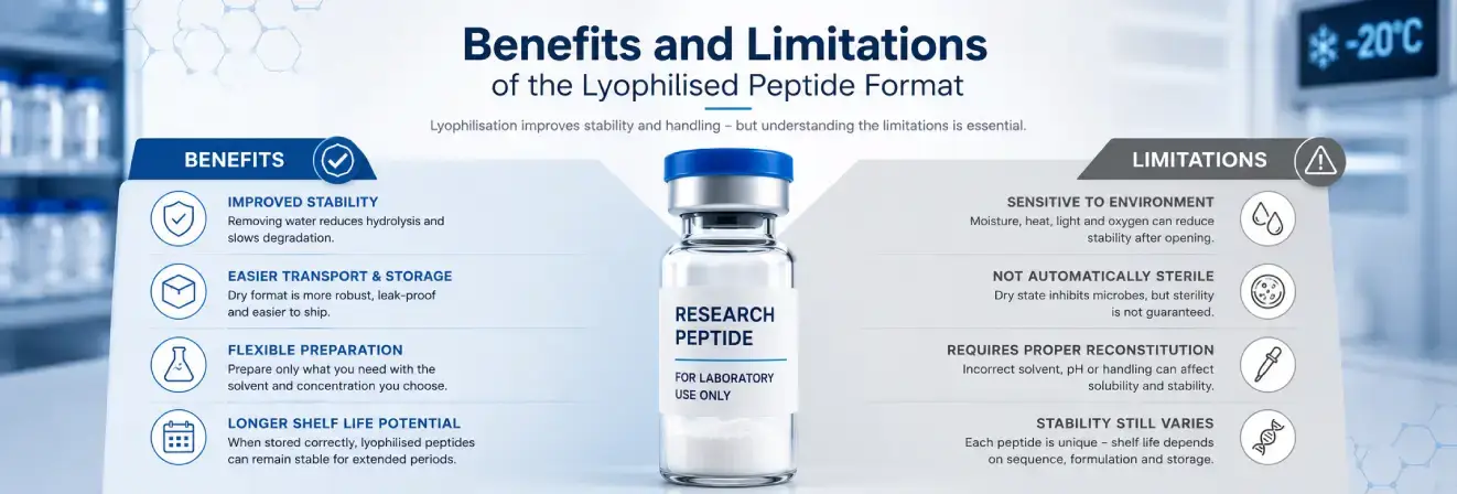 Benefits and limitations of lyophilised peptides for laboratory research storage and preparation