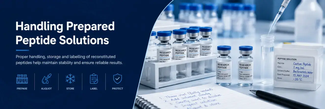 Handling prepared peptide solutions for laboratory research including storage stability and aliquoting